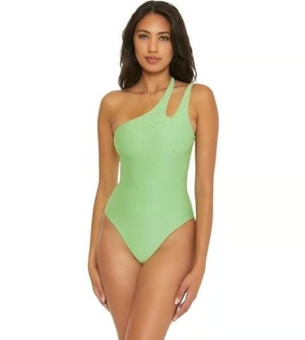 BECCA Glimmer Sparkly One Shoulder One Piece Swimsuit Small Lime Green NWT